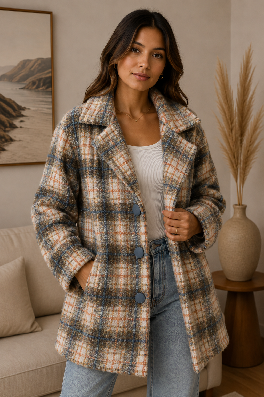 Women's Collar three button brown Pink Jacket Coat