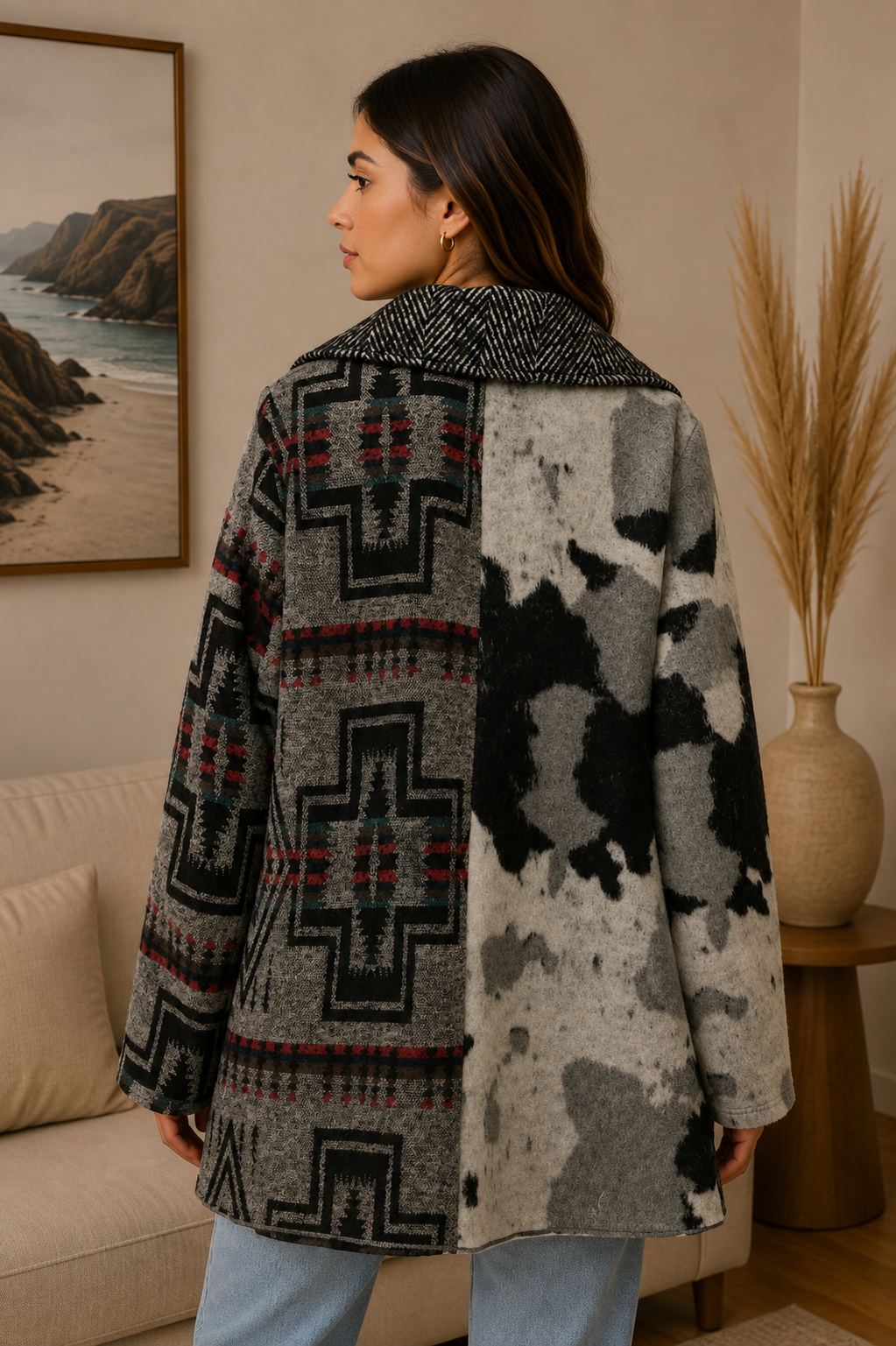 Women's Collar four button Cow Print Jacket coat