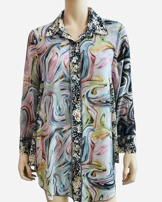 Women's Abstract Marble Print Button-Front Cardigan with Contrasting Floral Collar