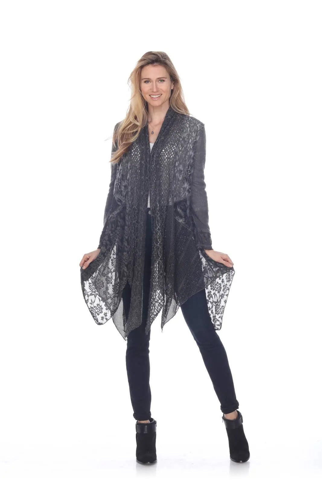 Women's Charcoal Lace Open Front Cardigan with Asymmetrical Hem