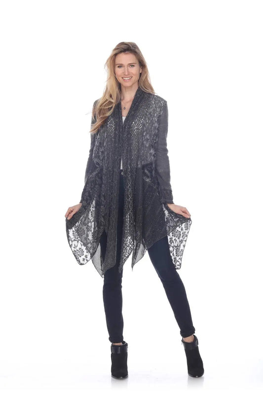 Women's Charcoal Lace Open Front Cardigan with Asymmetrical Hem