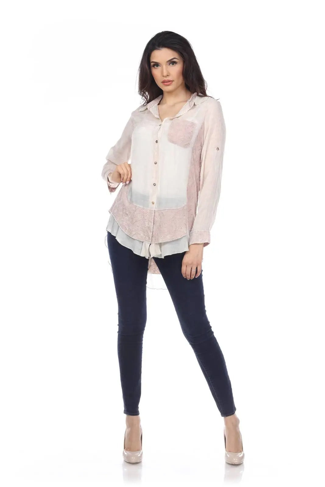 Women's Two-Tone Linen Blend Button-Front Blouse