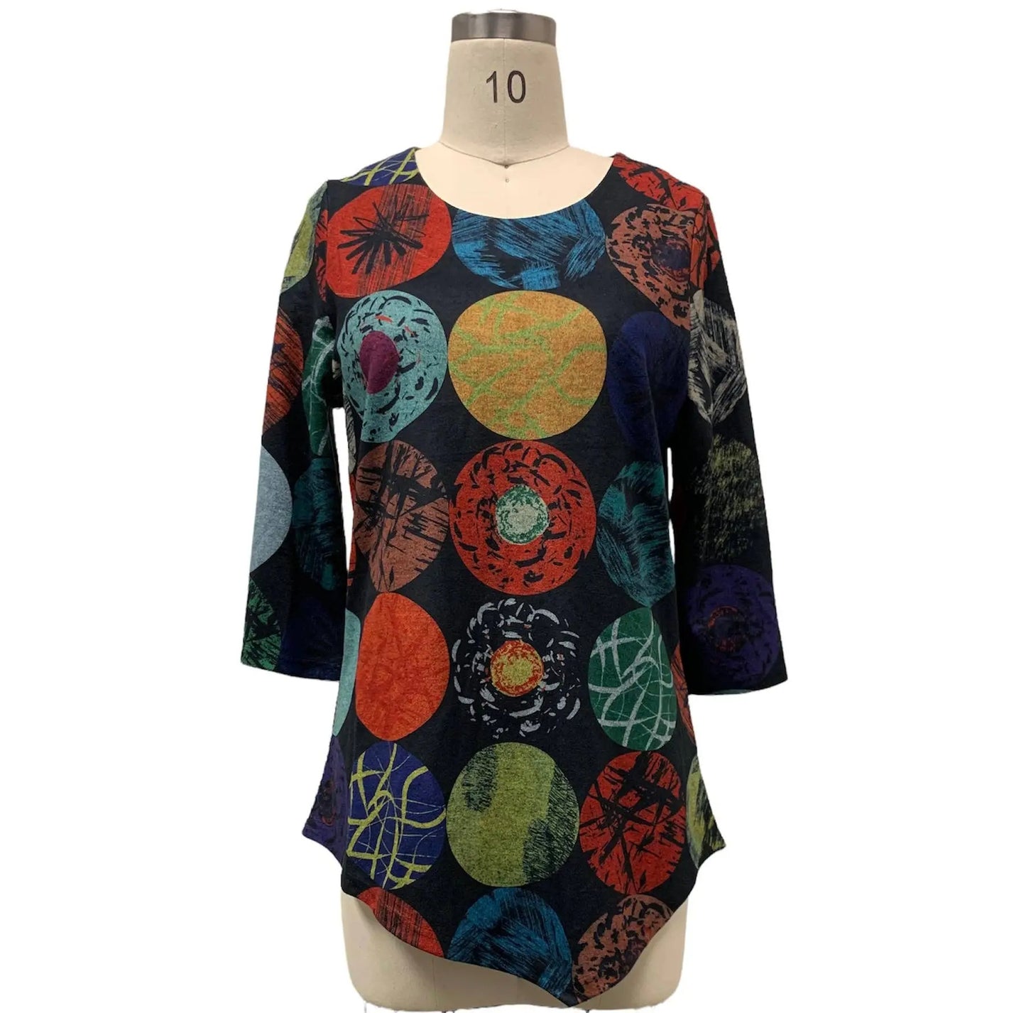 Women's Colorful Circle Print Tunic with Three-Quarter Sleeves