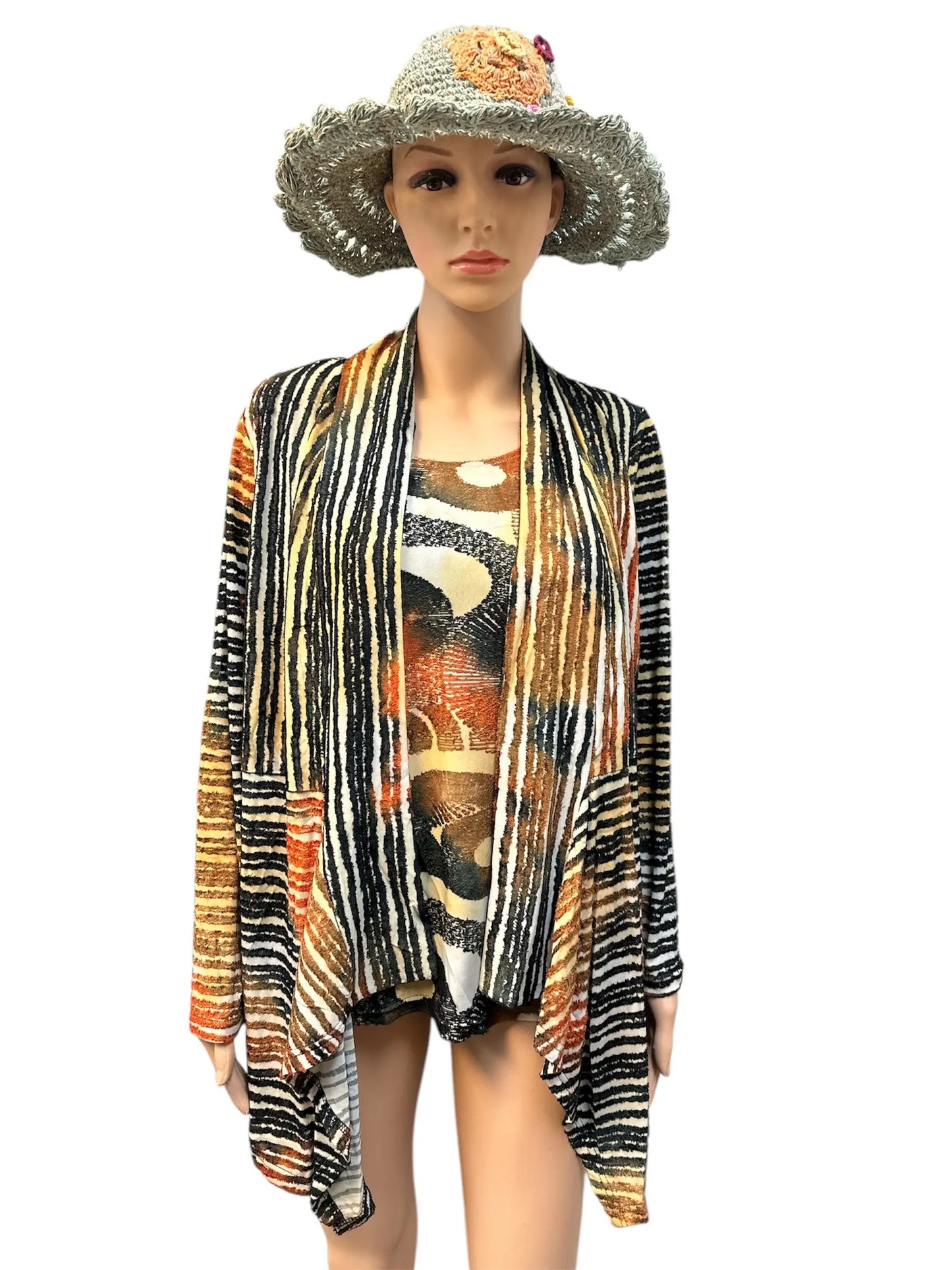 Women's Striped Open Front Cardigan with Abstract Print