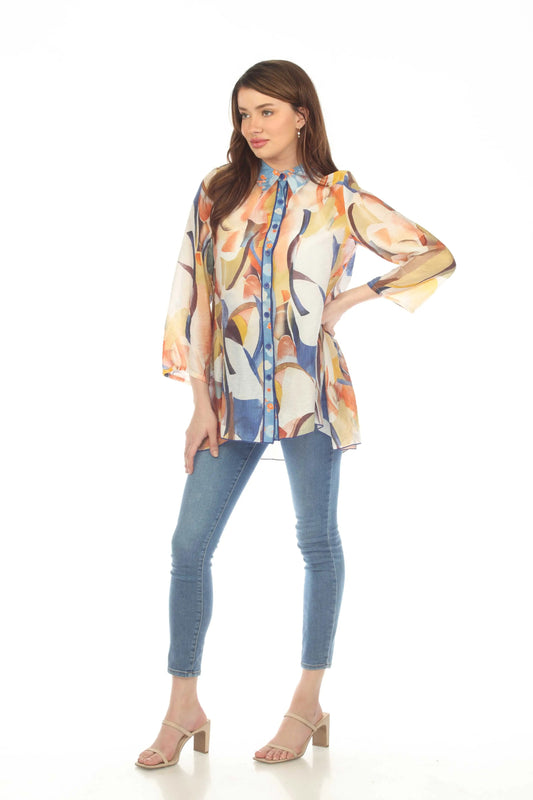 Women's Colorful Abstract Print Button-Front Tunic Blouse