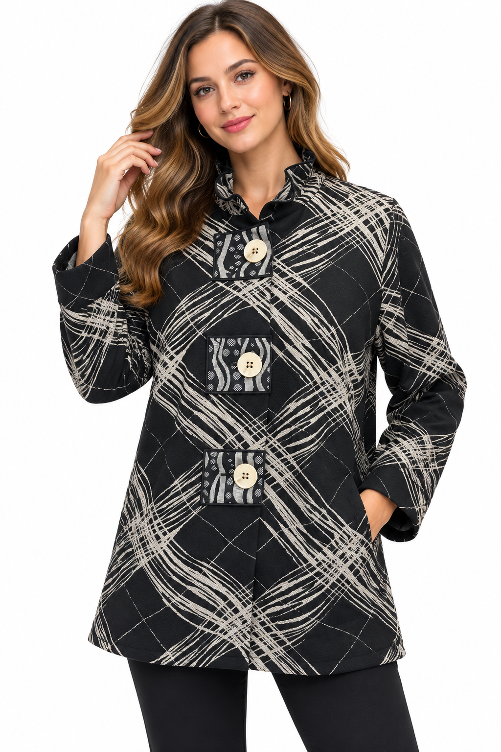Women's Grey Black multi three button calico Jacket