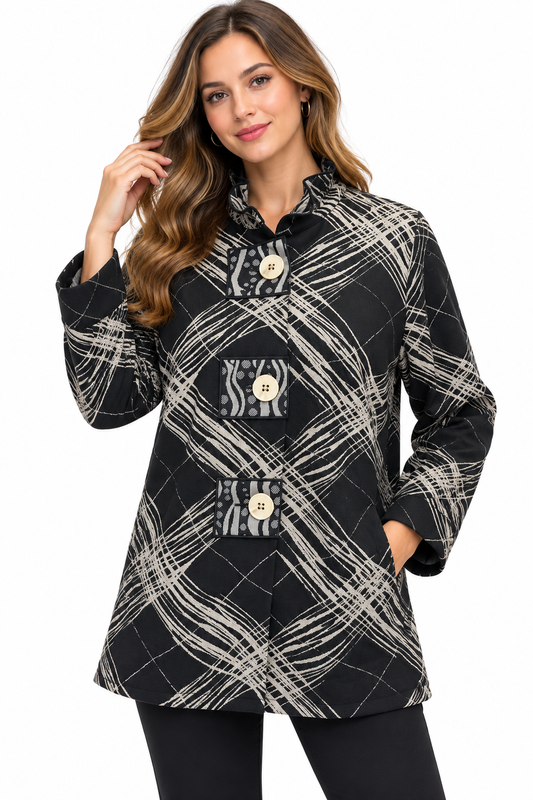 Women's Grey Black multi three button calico Jacket