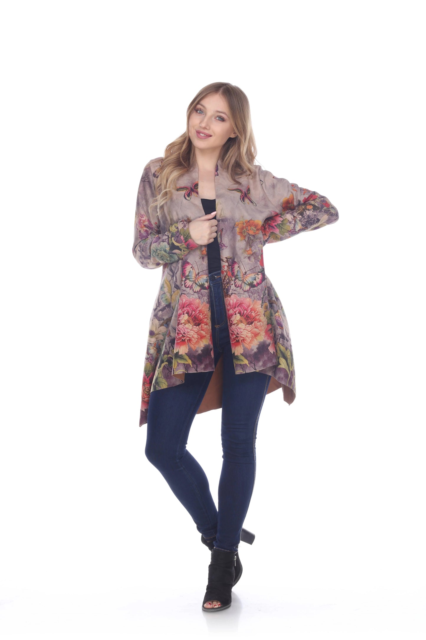 Women's Floral Print Cardigan with Asymmetrical Hem