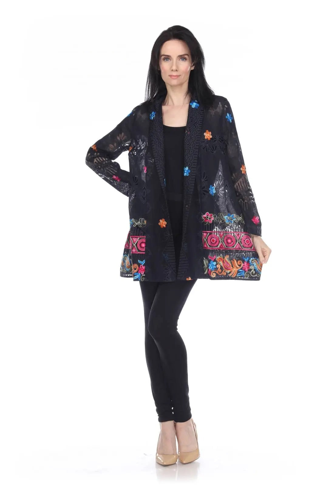 Women's Black Floral Embroidered Open Front Cardigan