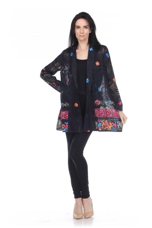 Women's Black Floral Embroidered Open Front Cardigan