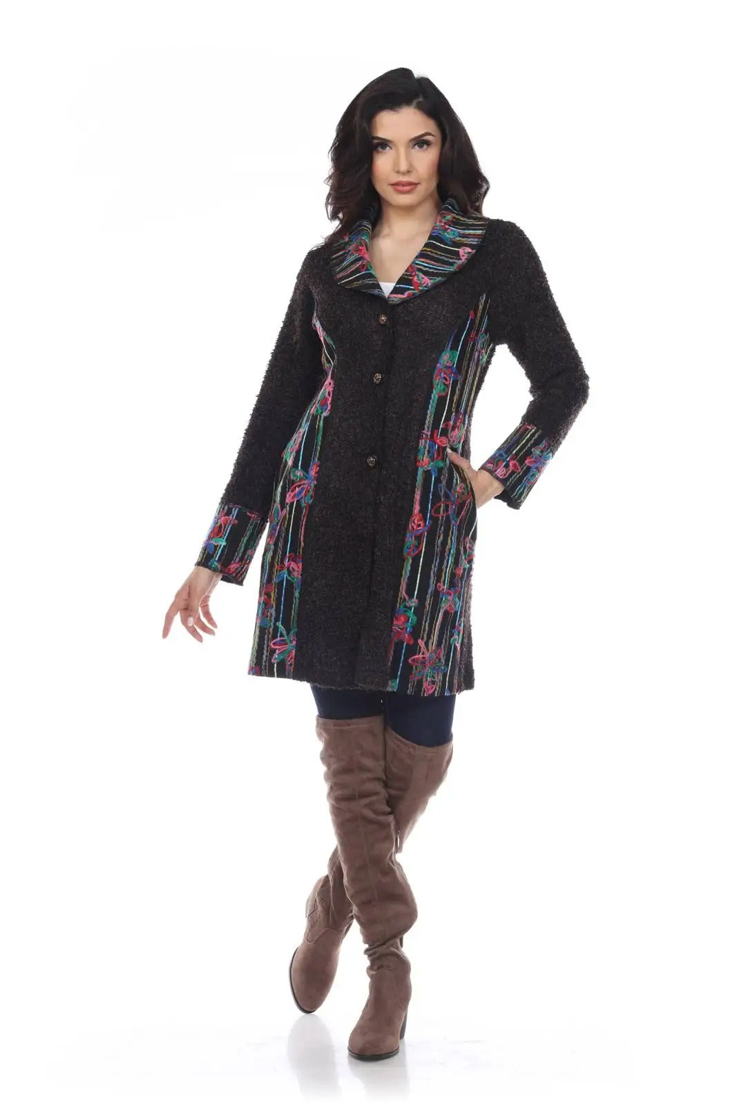 Women's Textured Button-Front Coat Dress with Striped Floral Trim