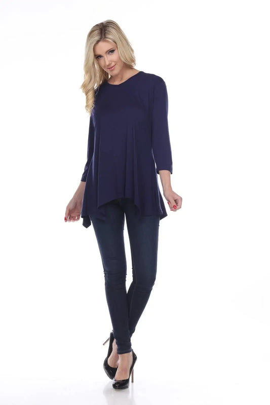 Women's Navy Asymmetrical Tunic with Three-Quarter Sleeves