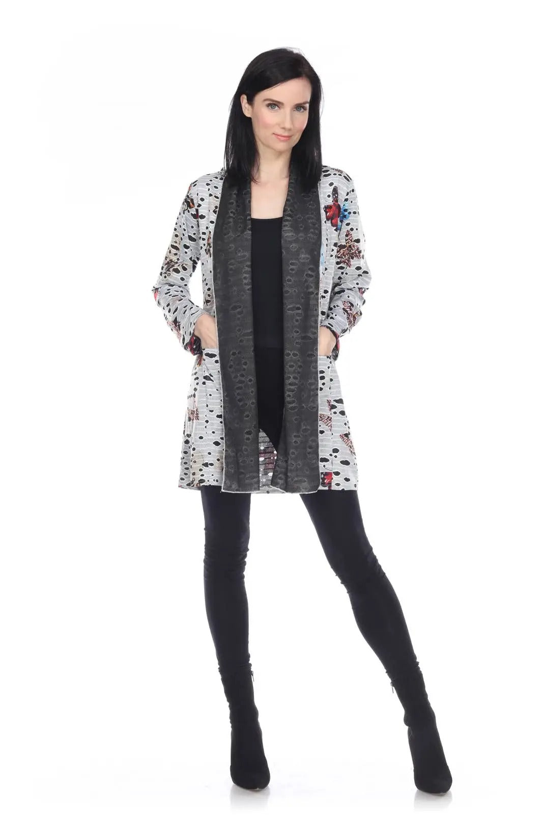 Women's Printed Open Front Cardigan with Charcoal Knit Trim