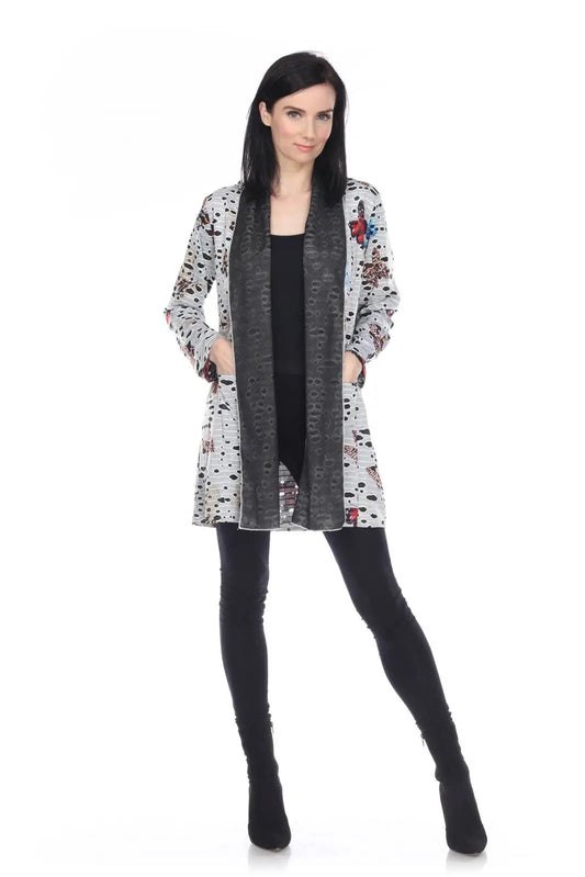 Women's Printed Open Front Cardigan with Charcoal Knit Trim