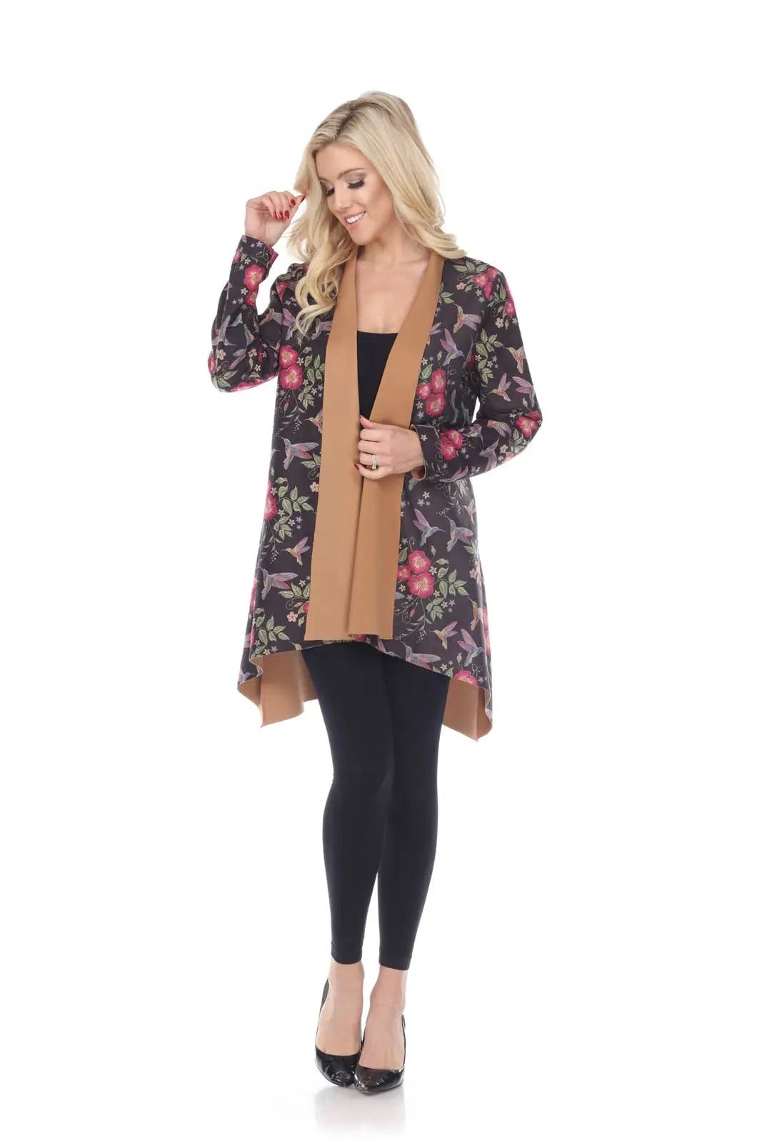 Women's Floral Print Open Front Cardigan with Contrasting Trim