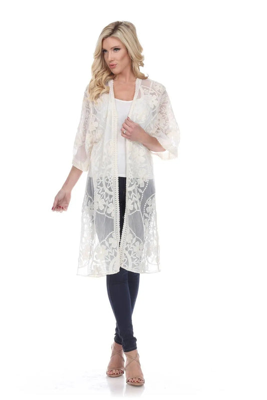 Women's Ivory Lace Duster Cardigan with Three-Quarter Sleeves