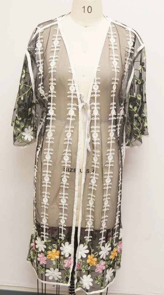 Women's Sheer Embroidered Kimono with Floral Border