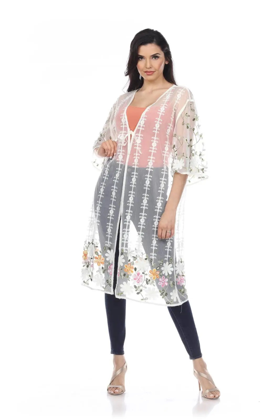 Women's Floral Embroidered Kimono Cardigan with Sheer Overlay