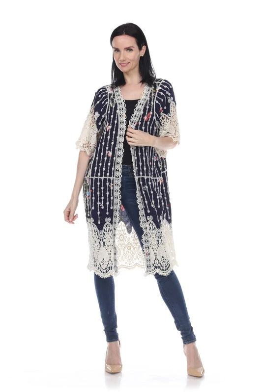 Women's Navy Lace Cardigan with Floral Embroidery and Crochet Trim