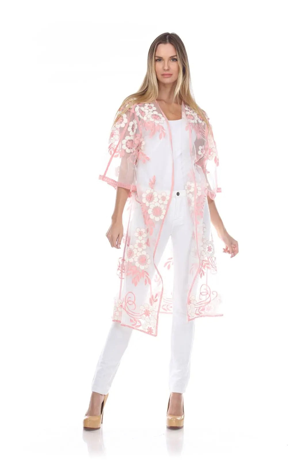 Women's Pink Floral Embroidered Lightweight Kimono Cardigan