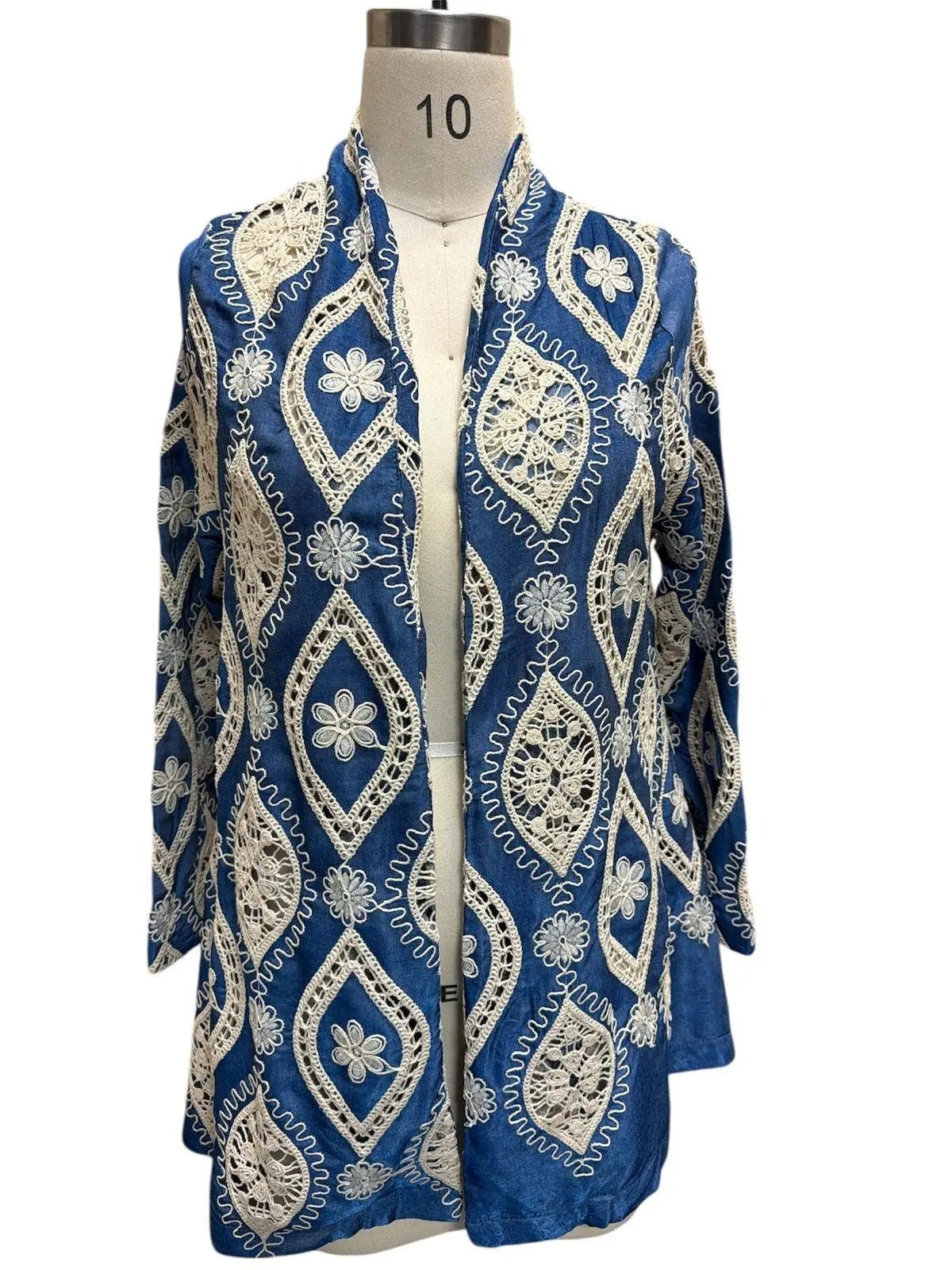 Women's Blue Lace Embroidered Open Front Cardigan