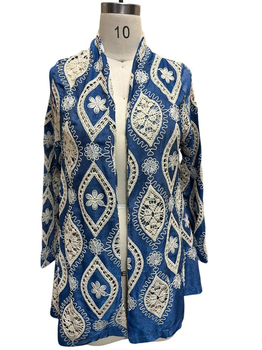 Women's Blue Lace Embroidered Open Front Cardigan