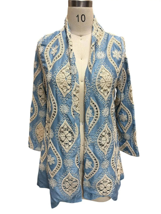Women's Blue Lace Open Front Cardigan with Floral Embroidery