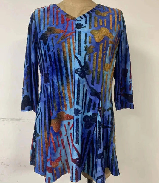 Women's Abstract Printed Pleated Dress with Three-Quarter Sleeves