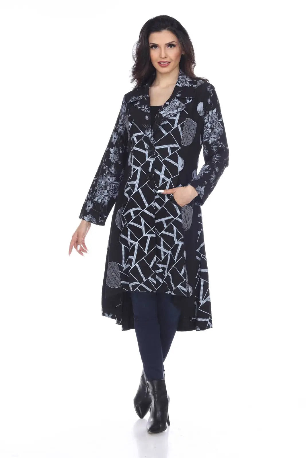 Women's Black and White Floral Geometric Print Shirt Dress with Collar