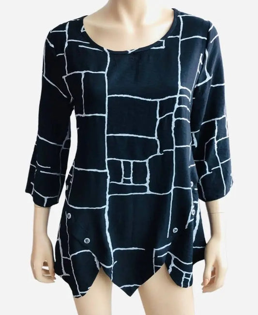 Women's Navy Geometric Grid Print Tunic Top with 3/4 Sleeves