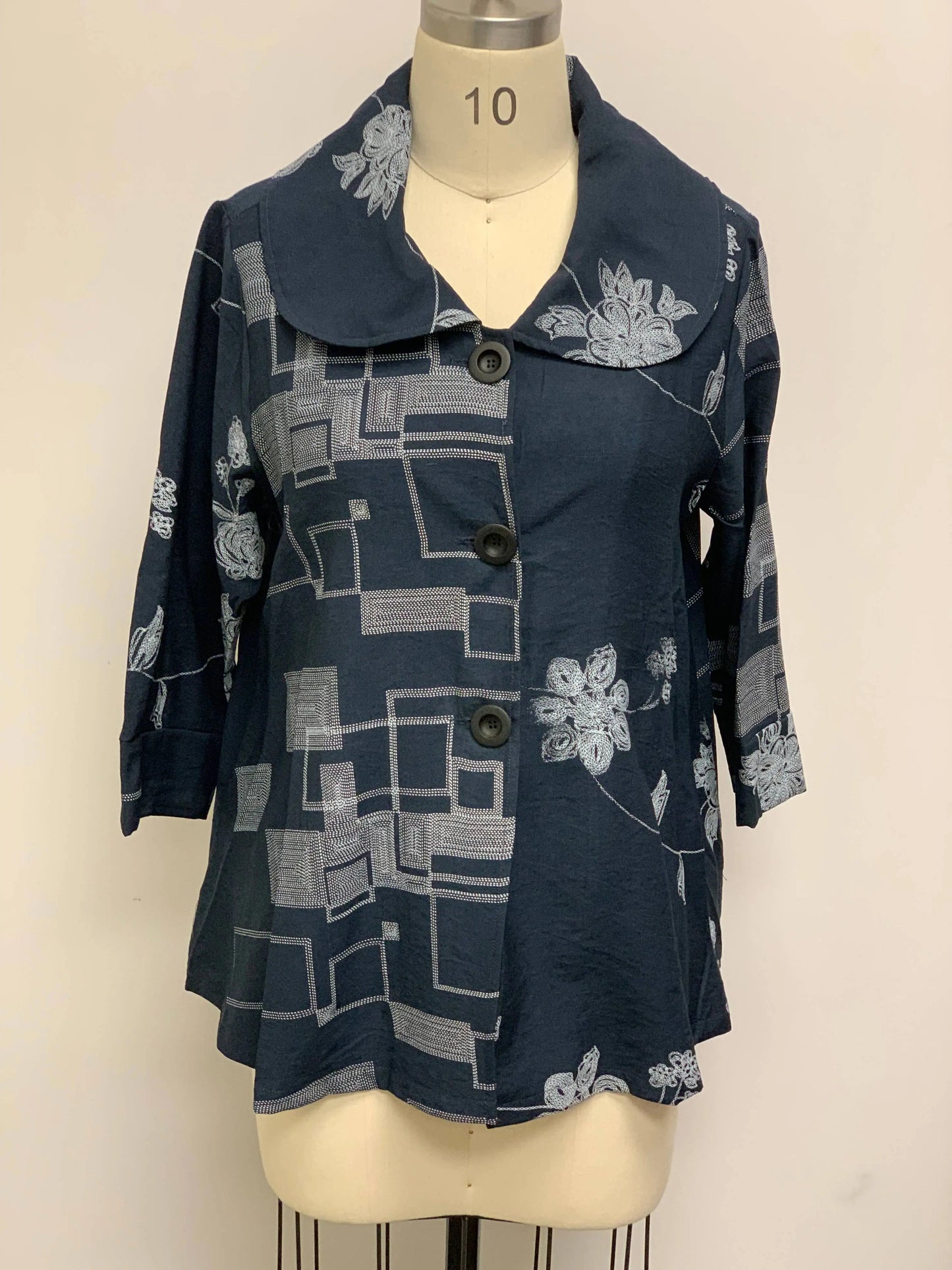 Women's Navy Floral and Geometric Patterned Cardigan