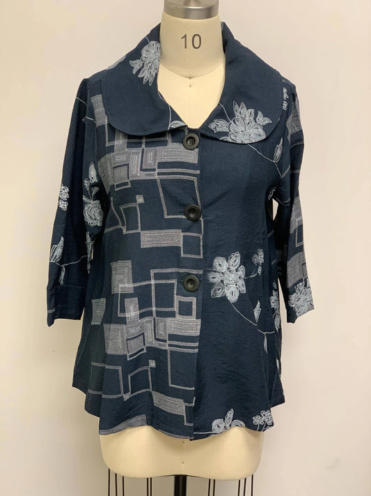 Women's Navy Floral and Geometric Patterned Coat