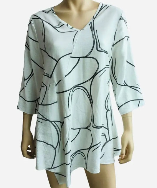 Women's Abstract Line Print Tunic Dress with Three-Quarter Sleeves