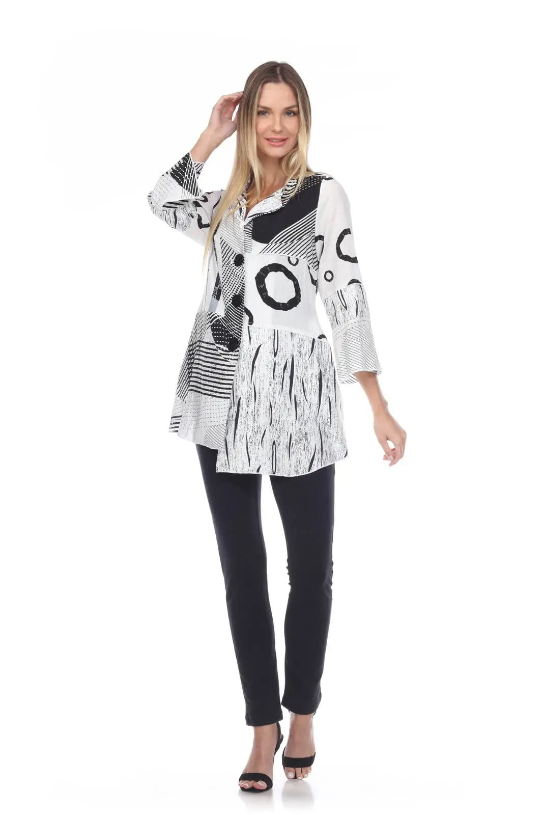 Women's Black and White Abstract Print Tunic Top