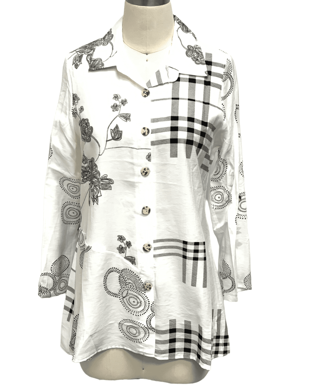 Women's Mixed Print Button-Front Tunic with Floral and Plaid Pattern