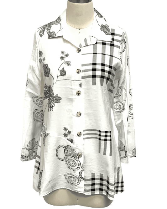 Women's Mixed Print Button-Front Tunic with Floral and Plaid Pattern