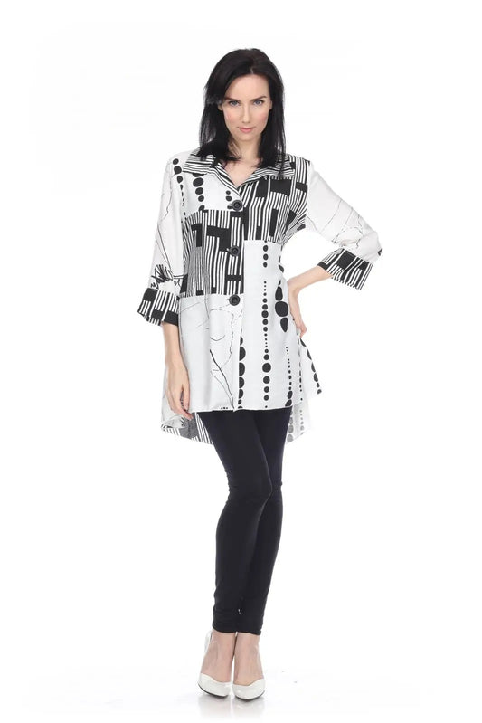 Women's Black and White Abstract Print Button-Up Tunic