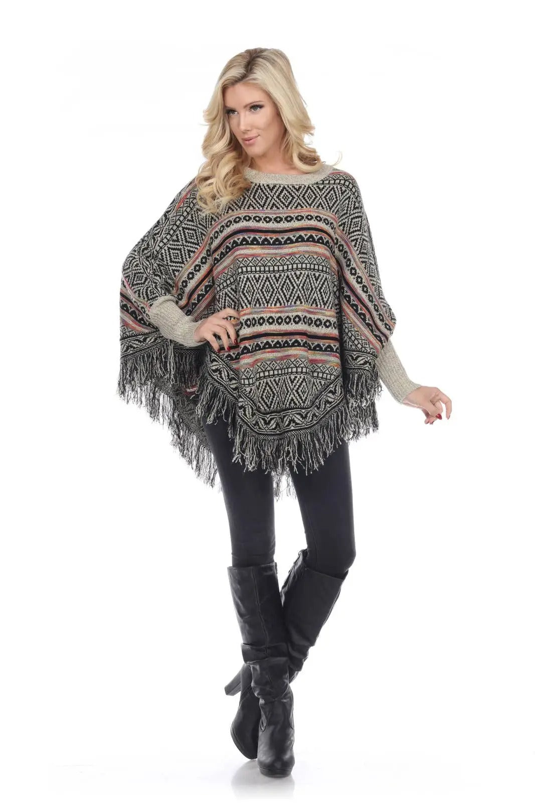 Women's Geometric Pattern Poncho with Fringe Trim