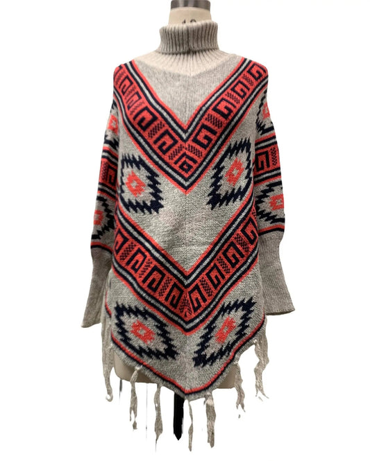 Women's Geometric Patterned Turtleneck Poncho with Fringe