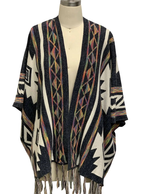 Women's Southwestern Geometric Knit Poncho with Fringe