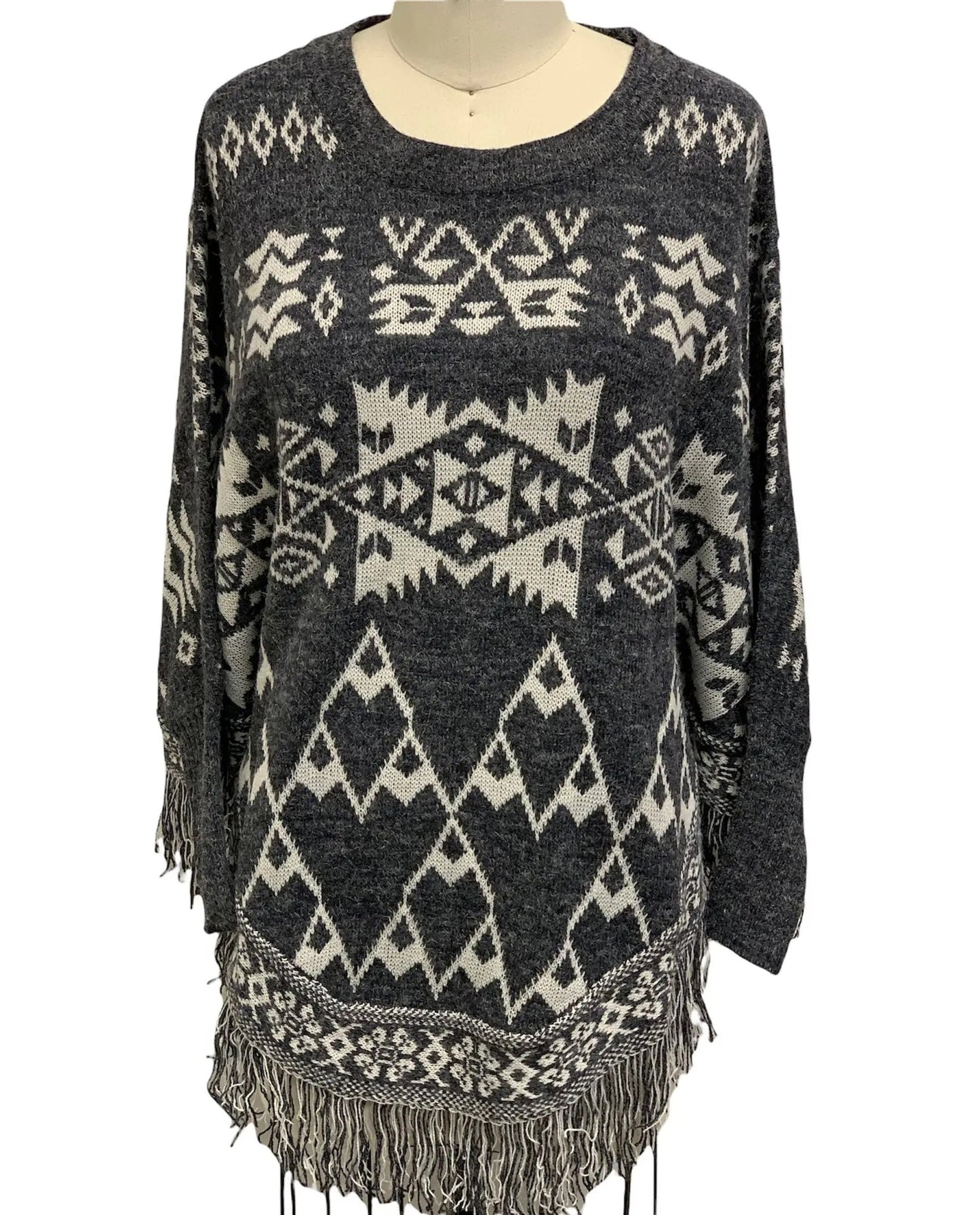 Women's Charcoal Geometric Patterned Fringe Poncho