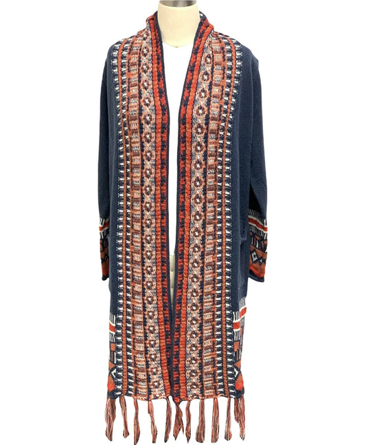 Women's Ethnic Patterned Open Front Cardigan with Fringe Trim