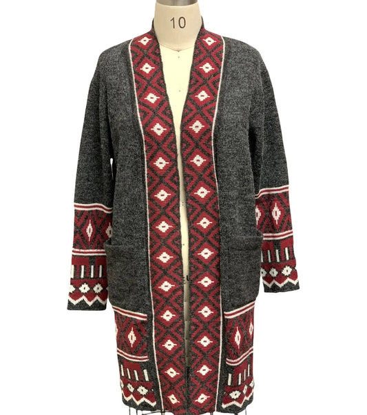 Women's Geometric Fair Isle Cardigan with Contrasting Trim