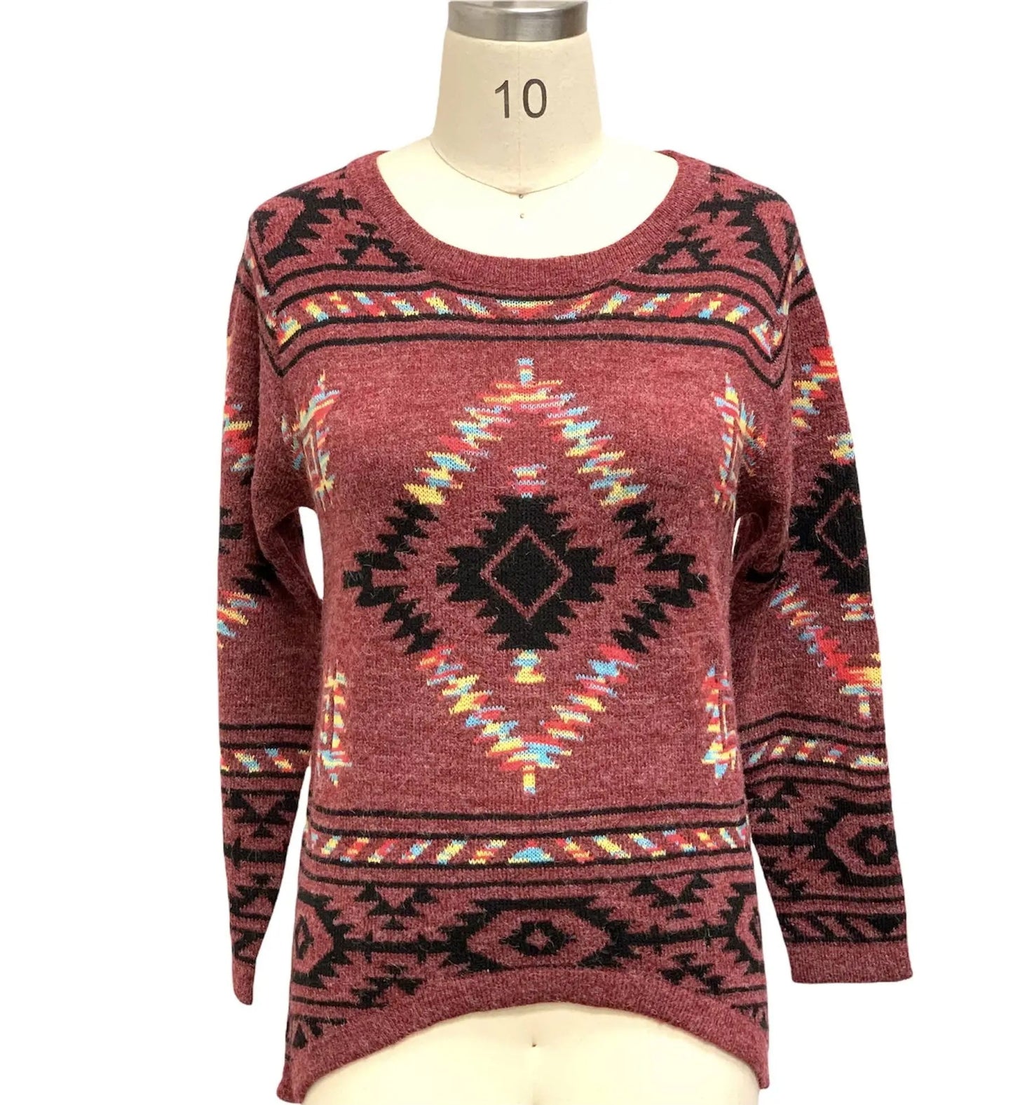 Women's Burgundy Southwestern Geometric Knit Top