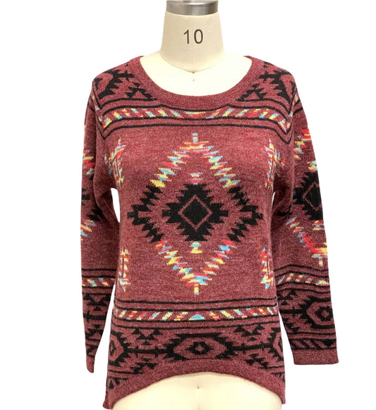 Women's Burgundy Southwestern Geometric Knit Top
