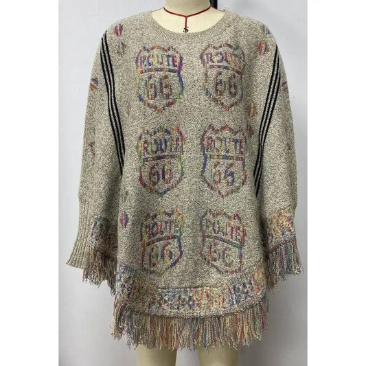 Women's Fringe Trim Knit Poncho with Geometric Pattern