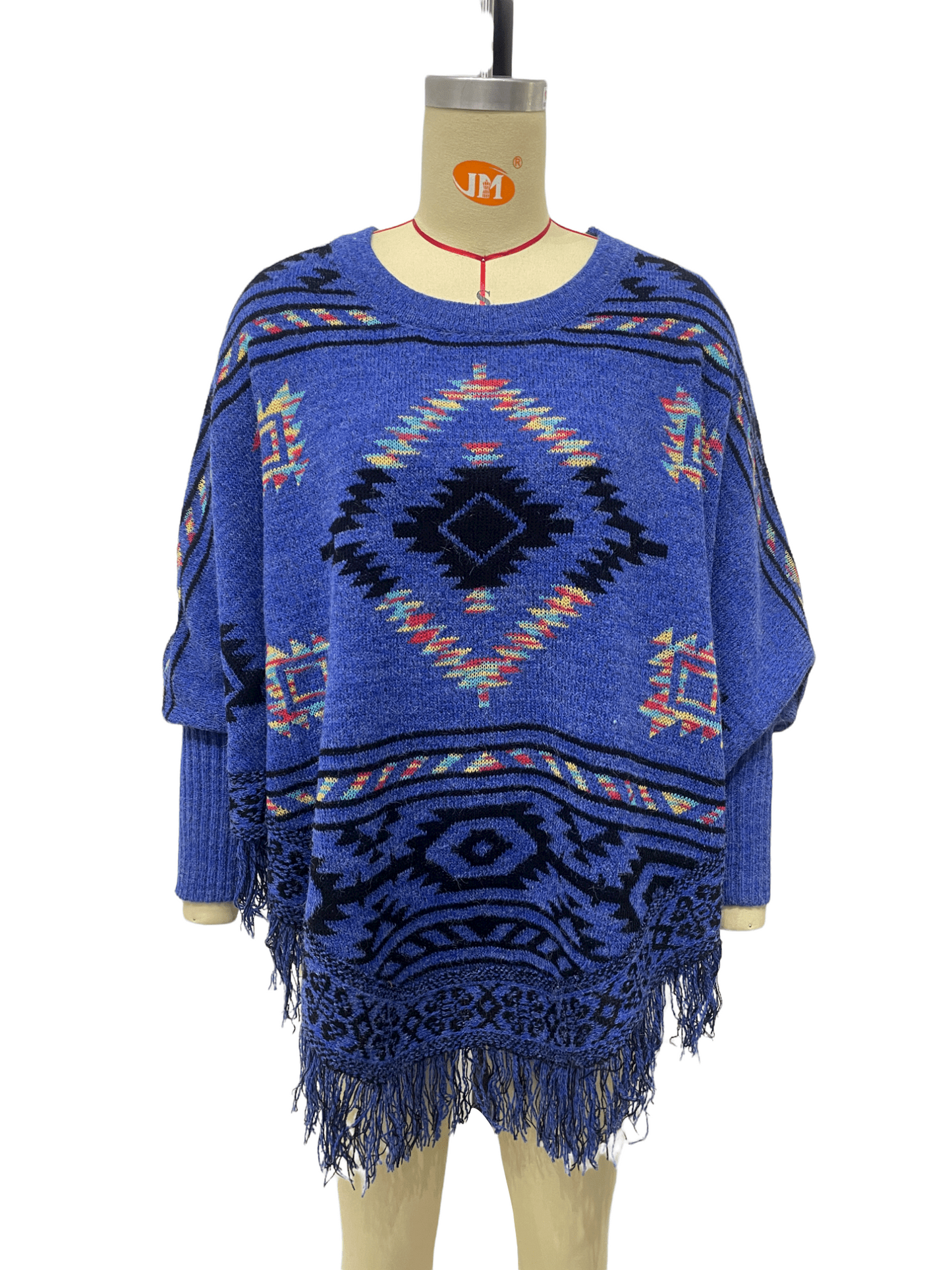 Women's Blue Aztec Pattern Fringe Pullover Sweater