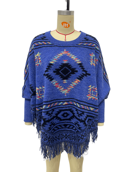 Women's Blue Aztec Pattern Fringe Pullover Sweater