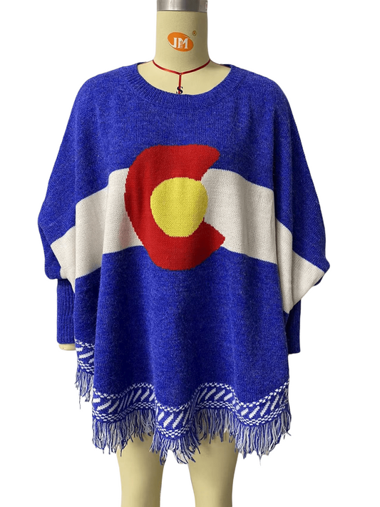 Women's Colorado Flag Knit Poncho with Fringe Trim