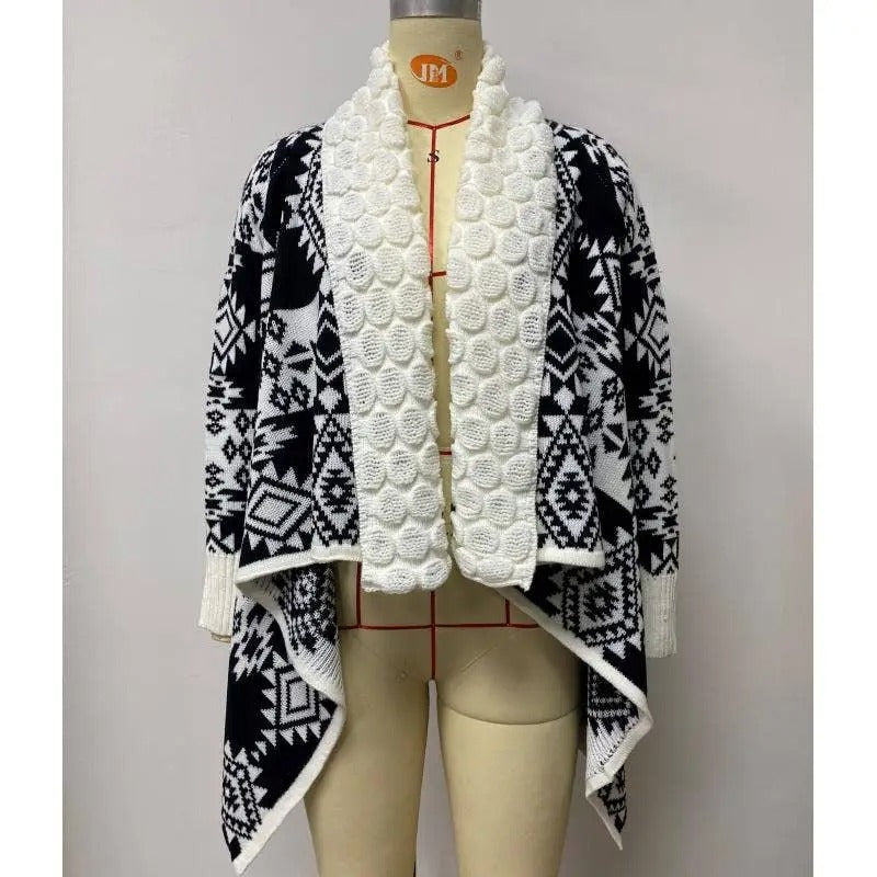 Women's Black and White Geometric Cardigan with Textured Cream Interior